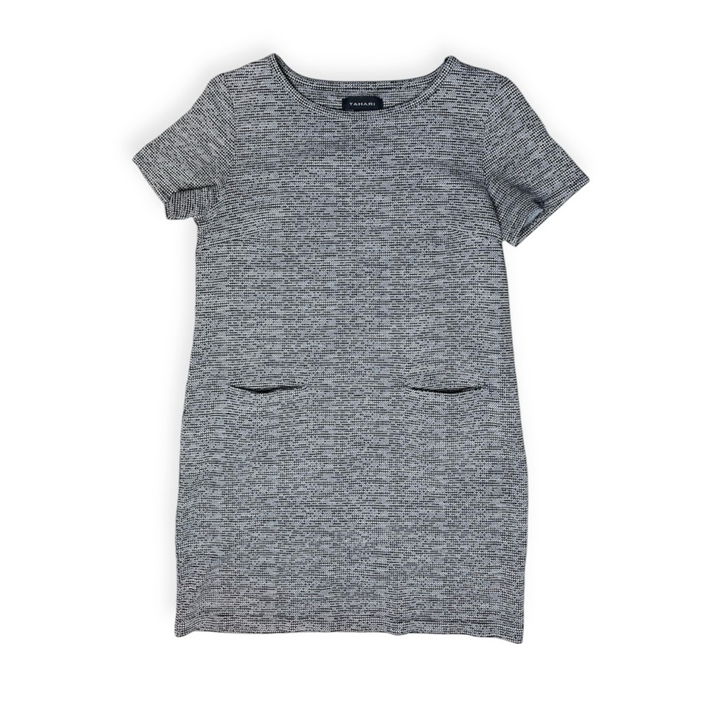 Tahari Black White Faux Tweed Shift Mini Dress Front Pockets Women's Medium